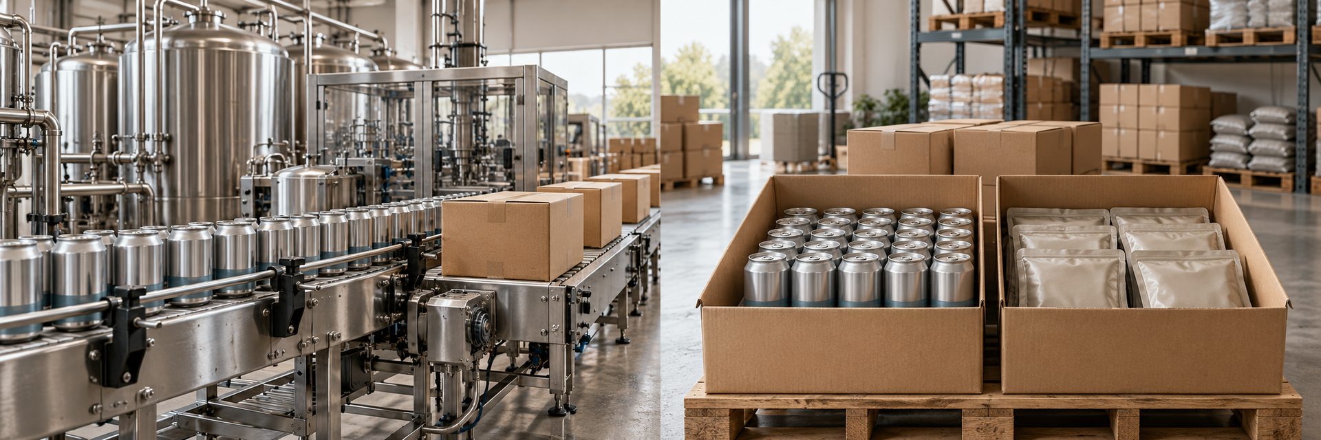 Illustration pairing a food-and-beverage manufacturing and packing line with cases of drinking-water cans and sealed meal pouches.